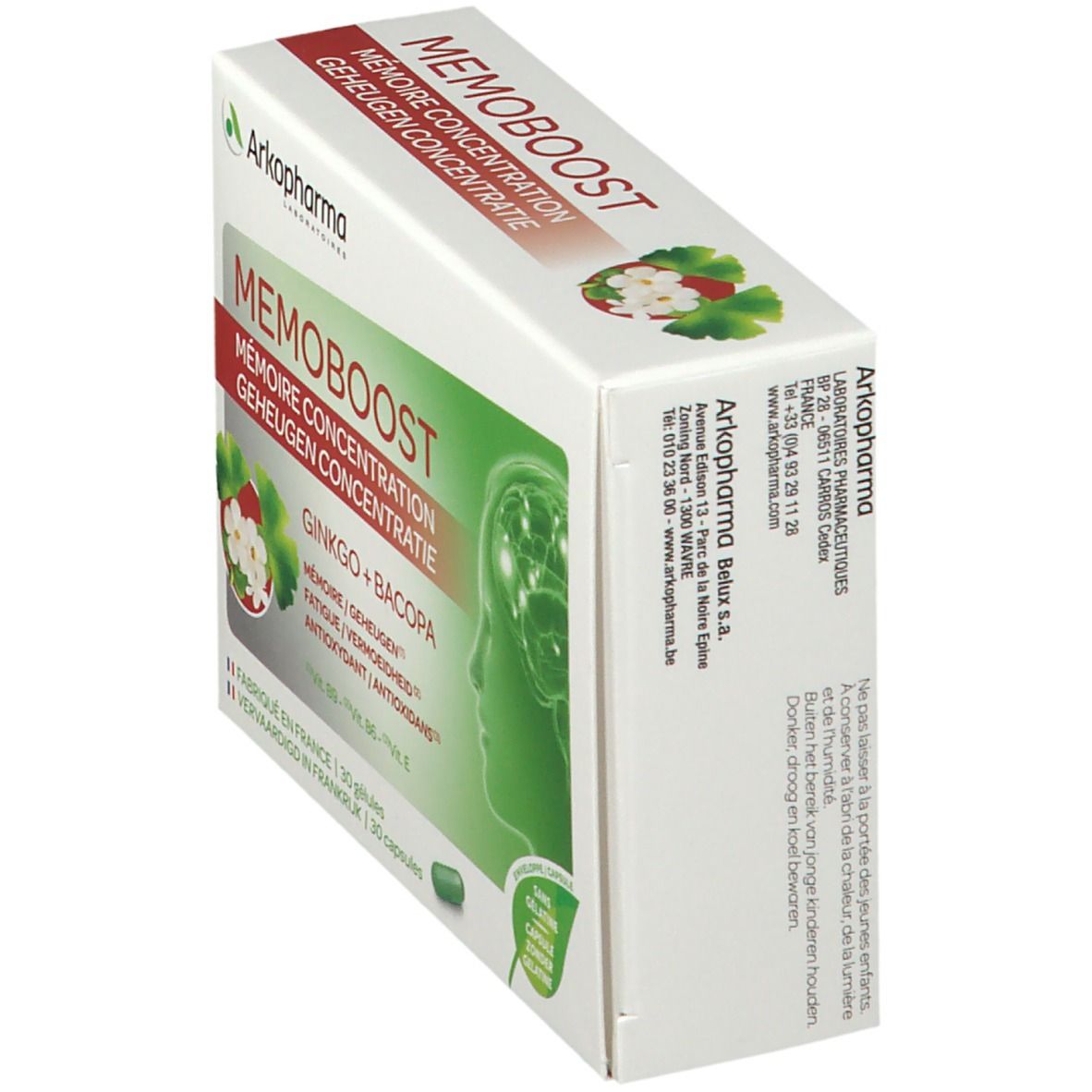 Boîte "MEMOBOOST" en biais. Extrait de Ginkgo et Bacopa. Design vert et blanc avec logo et texte.