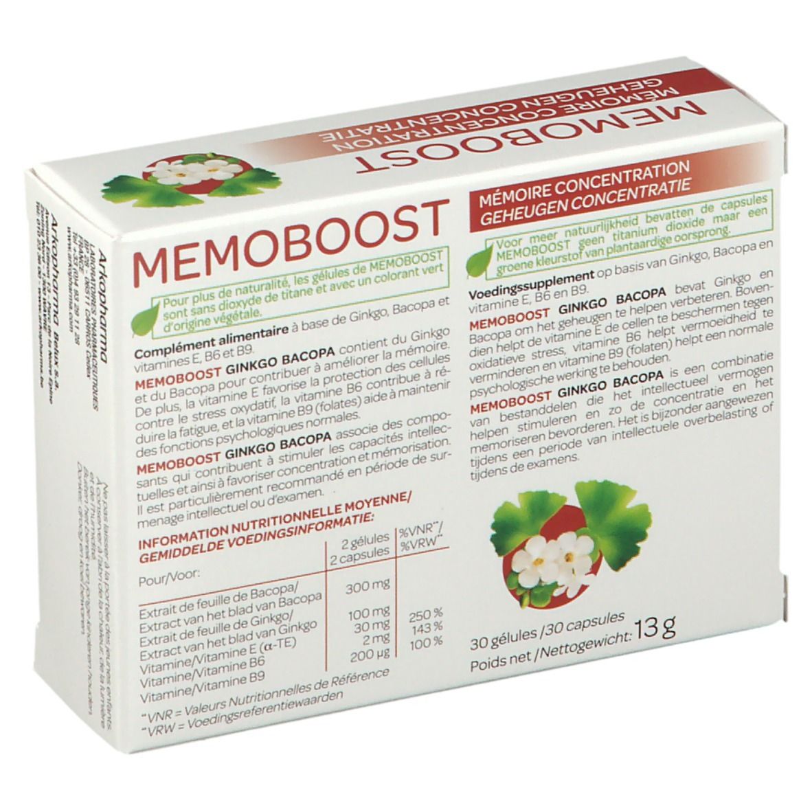 Dos de la boîte "MEMOBOOST". Informations sur les ingrédients et la valeur nutritionnelle. Illustrations de plantes.