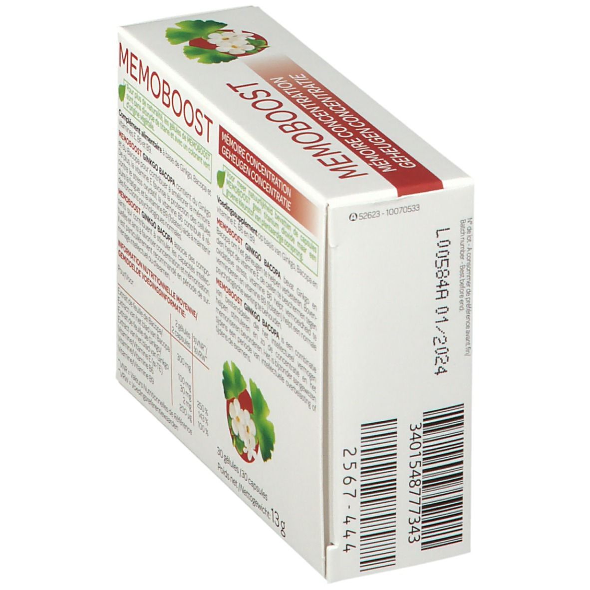 Vue latérale de la boîte "MEMOBOOST". Texte et code-barres. Indication de date.