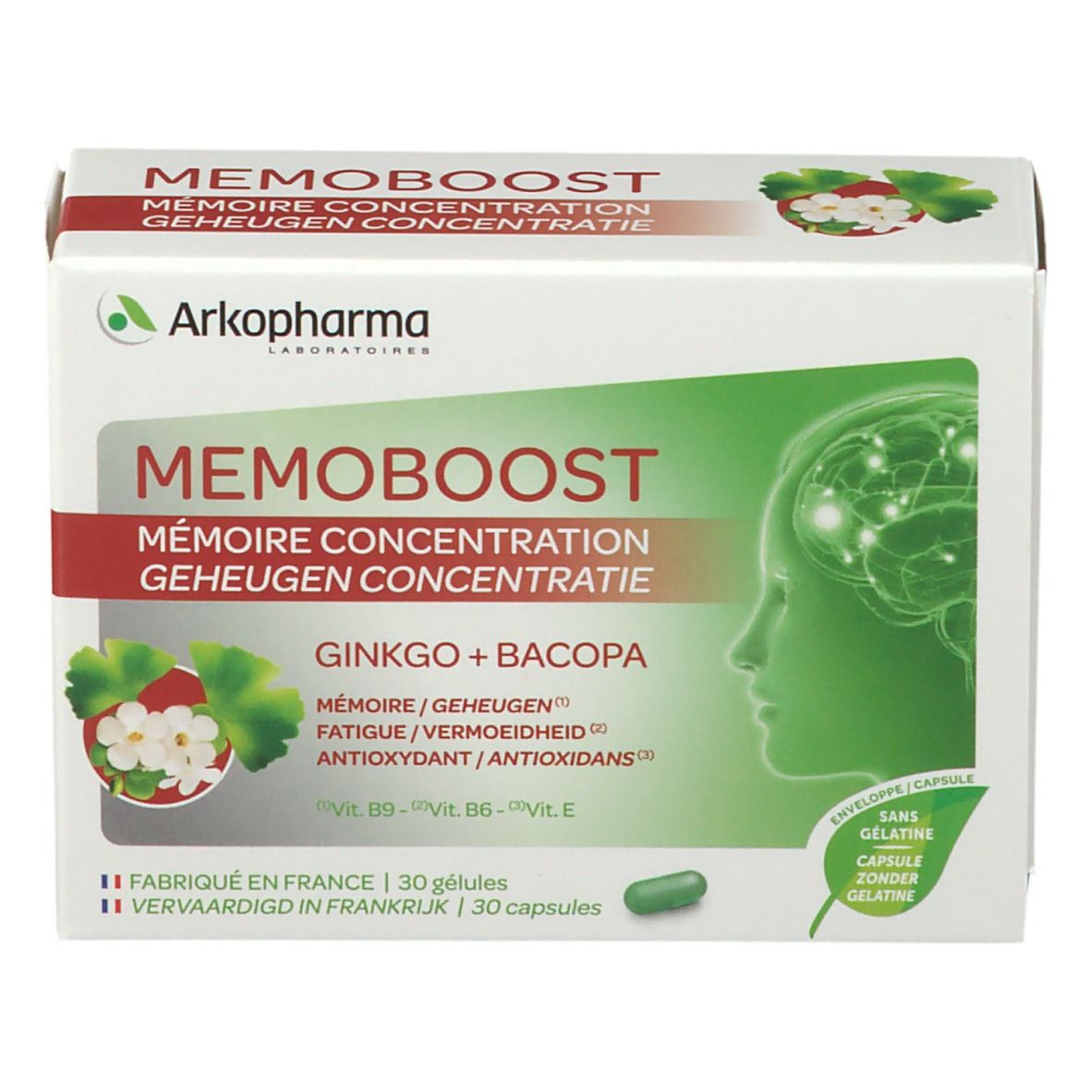 Boîte "MEMOBOOST". Extrait de Ginkgo et Bacopa. Design vert et blanc avec logo et texte. 30 gélules.