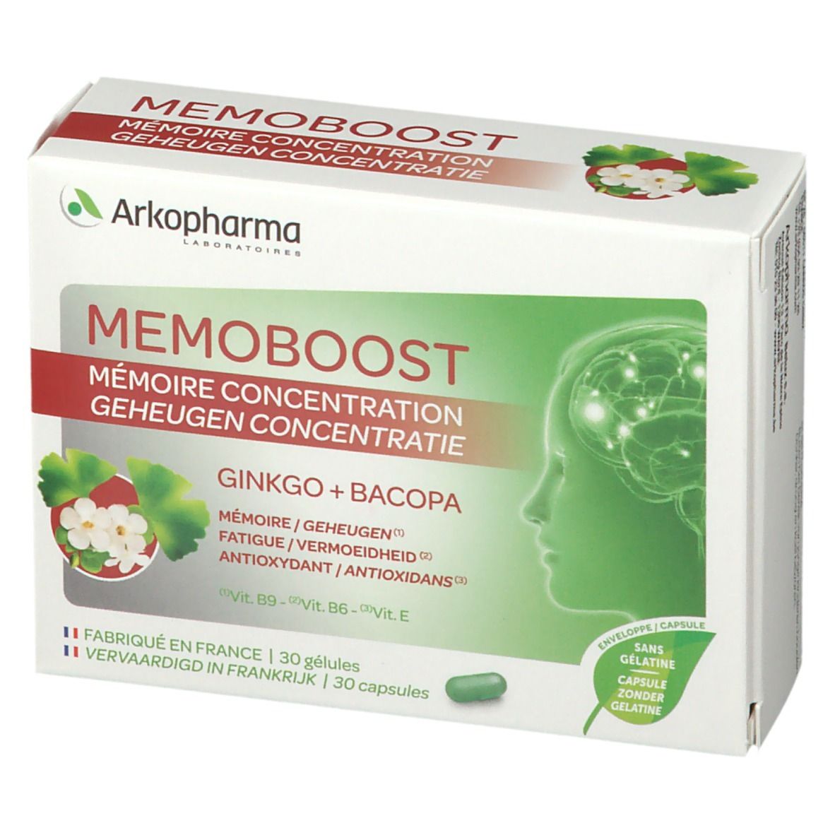 Boîte "MEMOBOOST". Extrait de Ginkgo et Bacopa. Design vert et blanc avec logo et texte. 30 gélules.