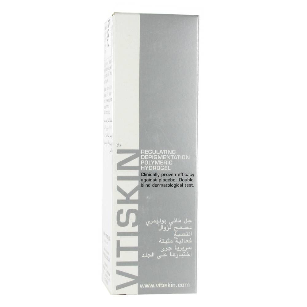 Vitiskin-Verpackung. Weißer Karton mit grauen Akzenten. Text: Regulierendes Depigmentierungs-Polymer-Hydrogel. Klinisch getestet.