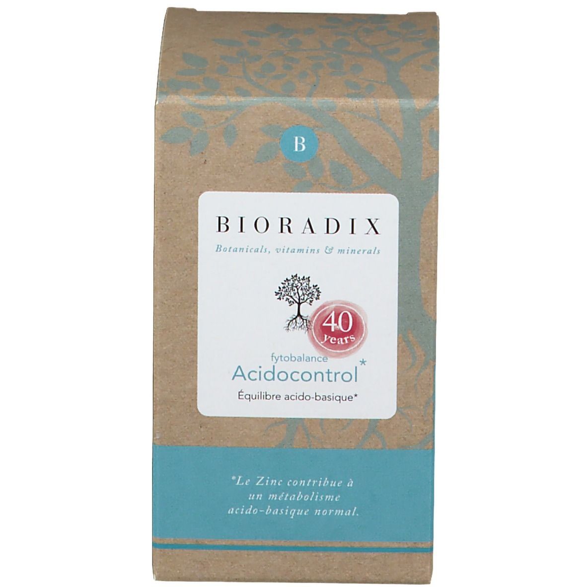 Boîte marron avec logo et nom du produit. Texte en plusieurs langues.