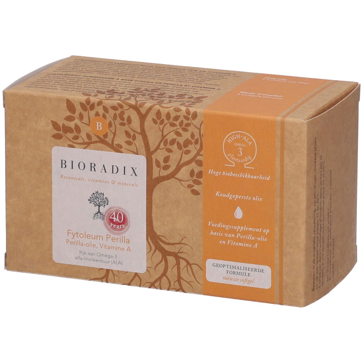 Boîte en carton avec informations produit. Inscription : Bioradix, Fytoleum Perilla, 40 ans.