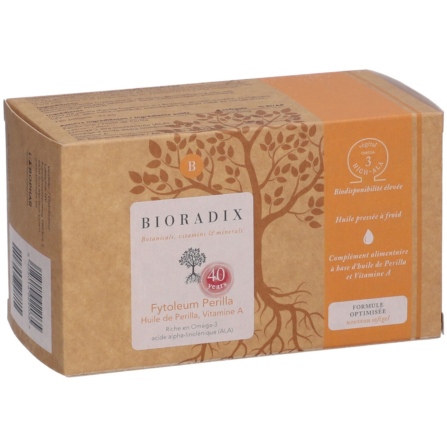 Boîte en carton avec informations produit. Inscription : Bioradix, Fytoleum Perilla, 40 ans.