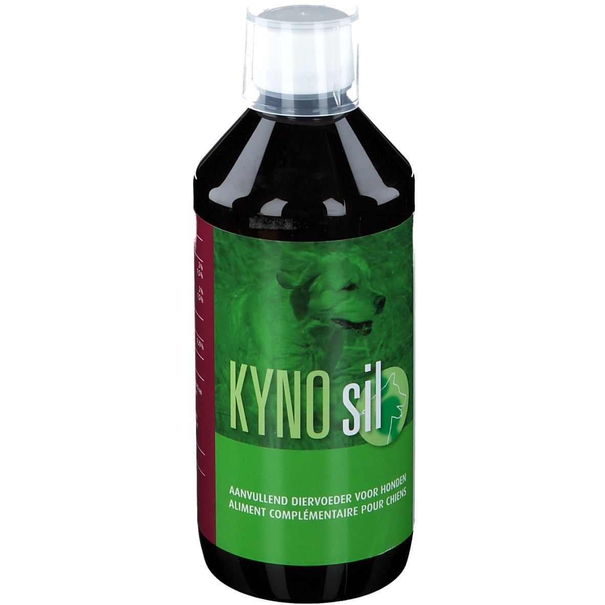 Bruine vloeistof in een fles met witte dop. Op het etiket staat "KYNO sil" en een hond.