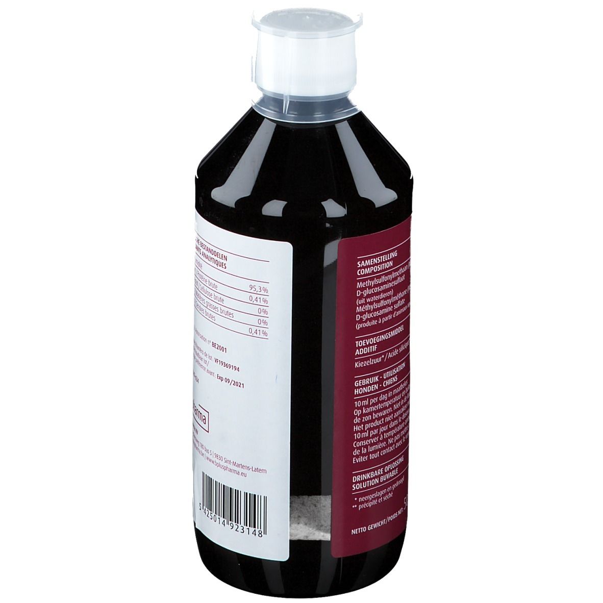 Fles met bruine vloeistof. Etiket met ingrediënten en doseringsinstructies. Witte dop.
