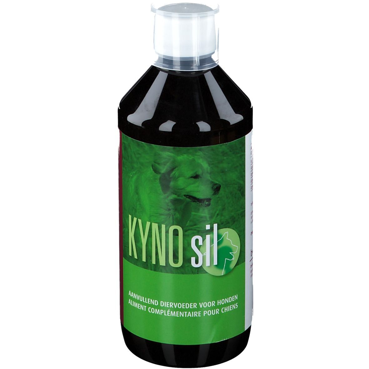 Fles met bruine vloeistof, witte dop. Etiket met "KYNO sil" en een hond.