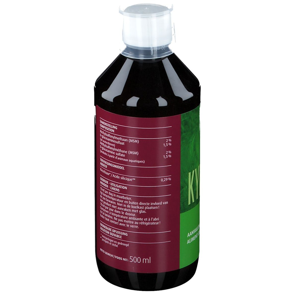Fles met bruine vloeistof. Etiket met ingrediënten en doseringsinstructies. Volume: 500 ml.