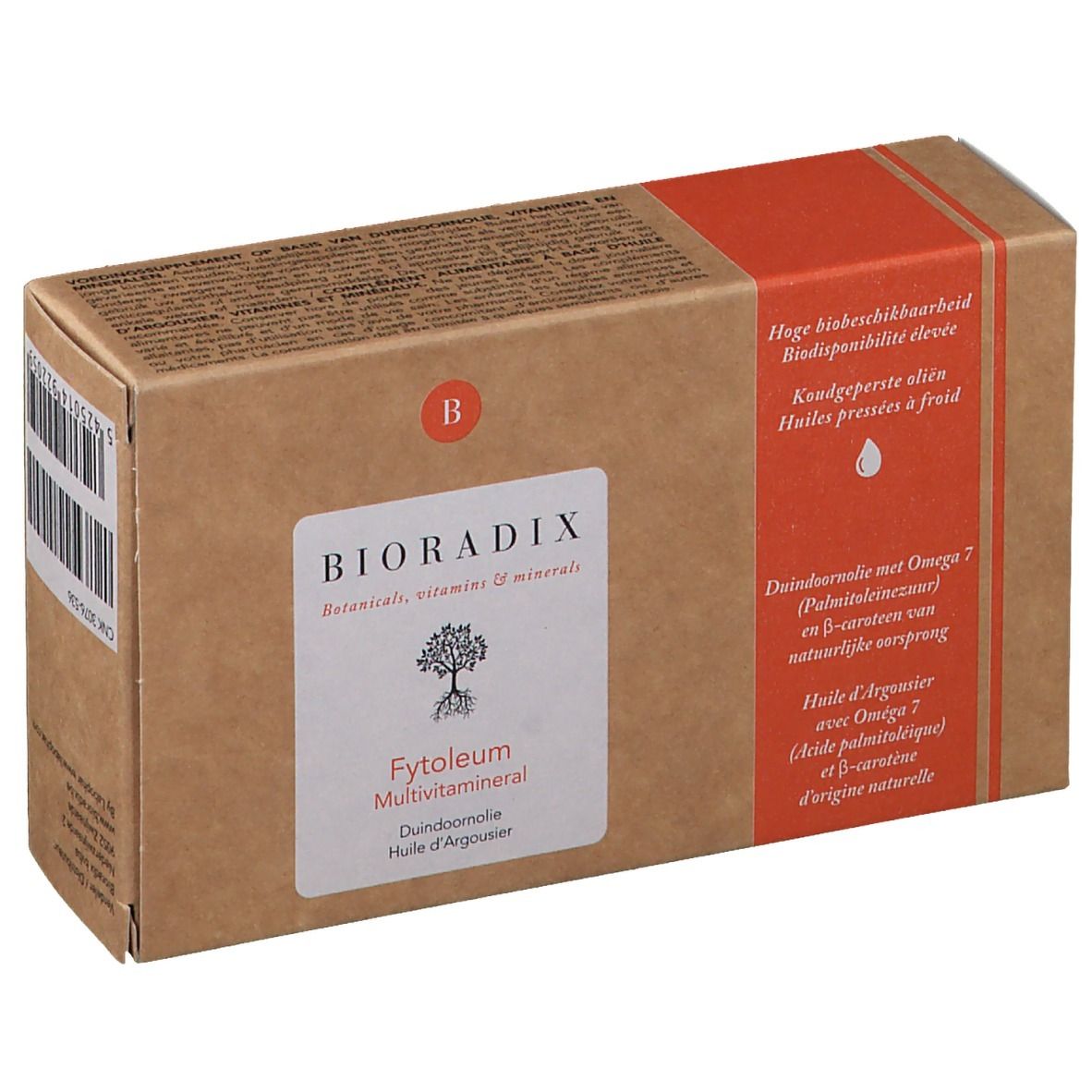Boîte en carton avec informations produit. Inscription: Bioradix, Fytoleum Multivitamineral, Dundoornolie Huile d'Argousier.