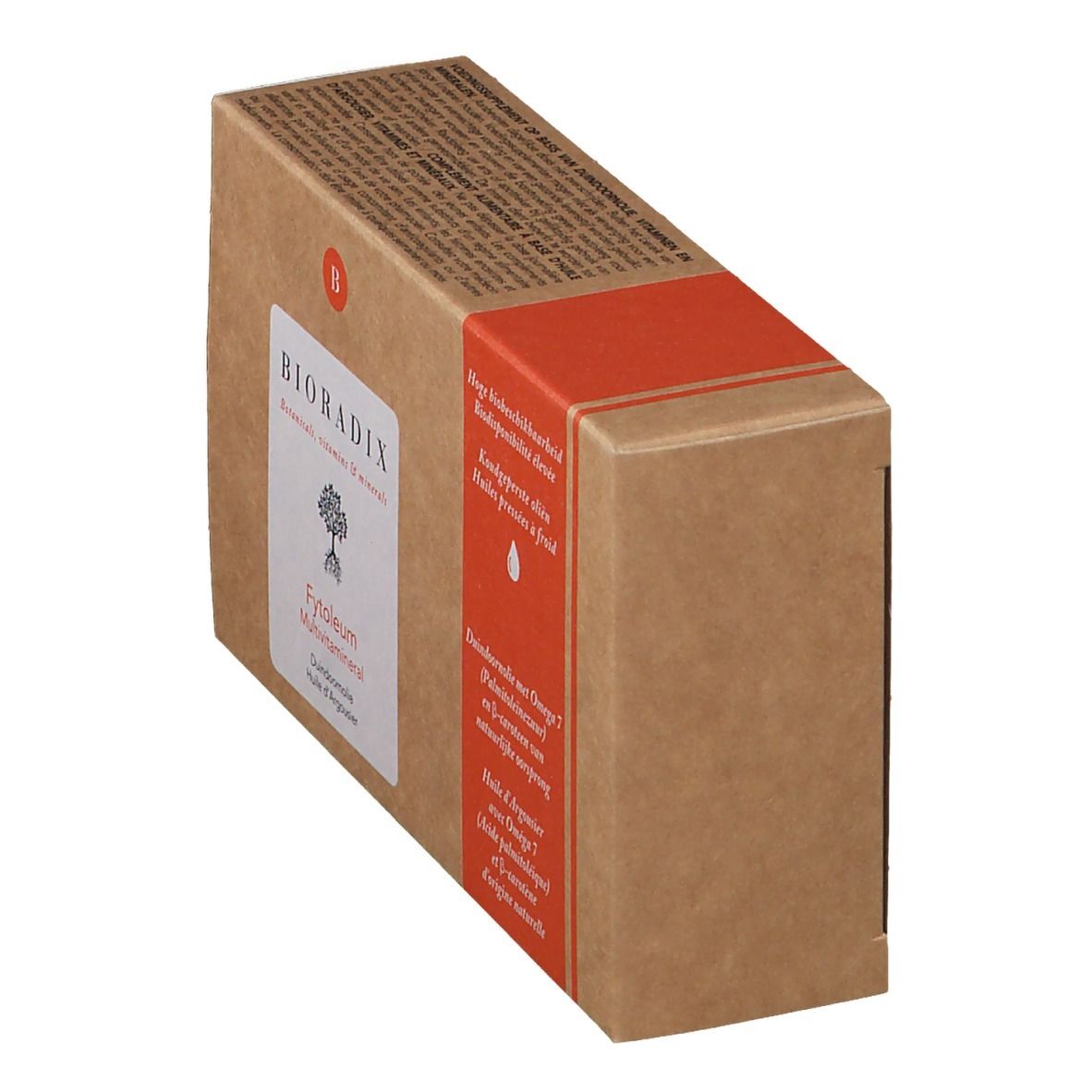 Boîte en carton, vue oblique. Inscription: Bioradix, Fytoleum Multivitamineral, Dundoornolie Huile d'Argousier. Bande rouge avec texte.