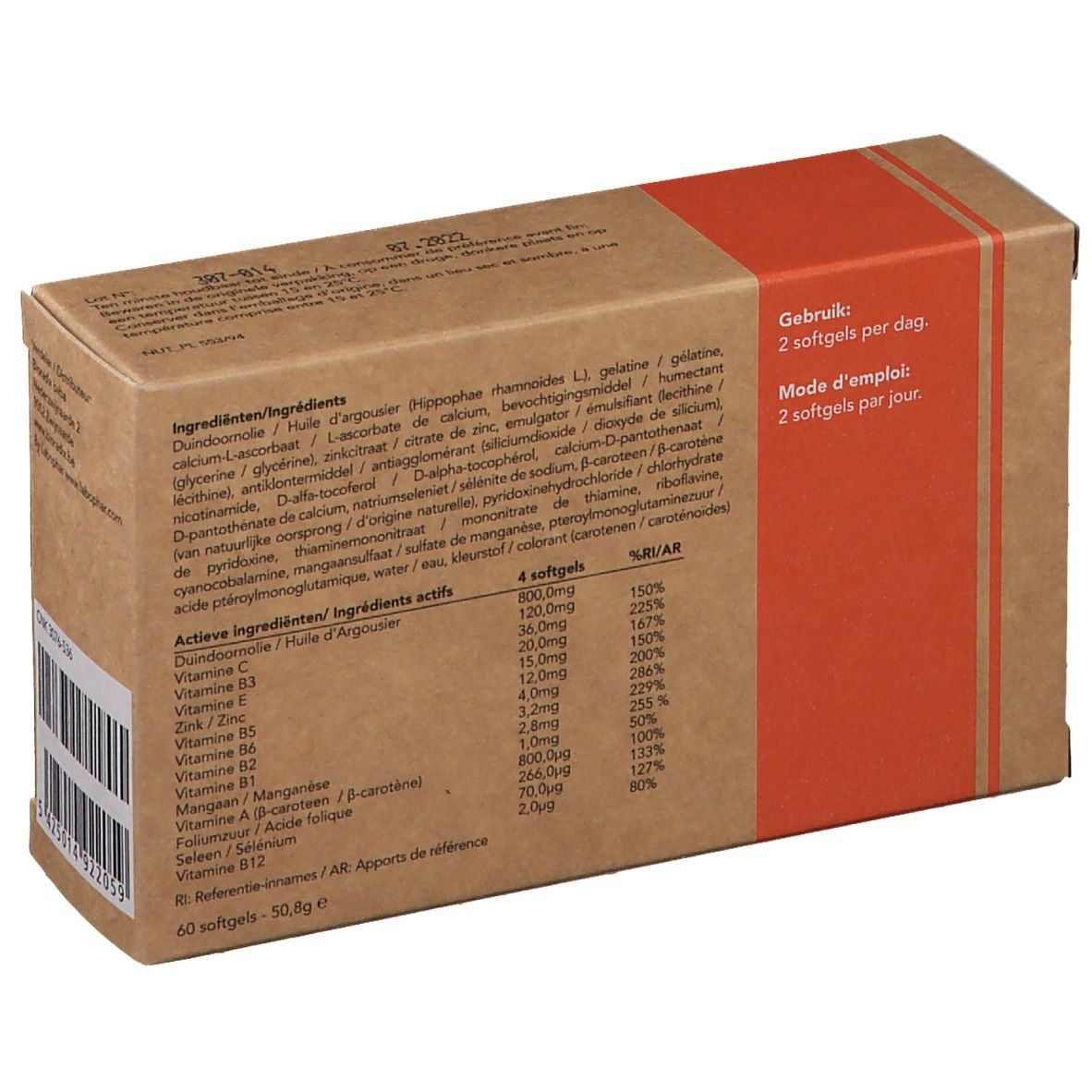 Dos de la boîte en carton. Contient ingrédients et informations nutritionnelles. Bande rouge avec indication de dosage: 2 gélules par jour.
