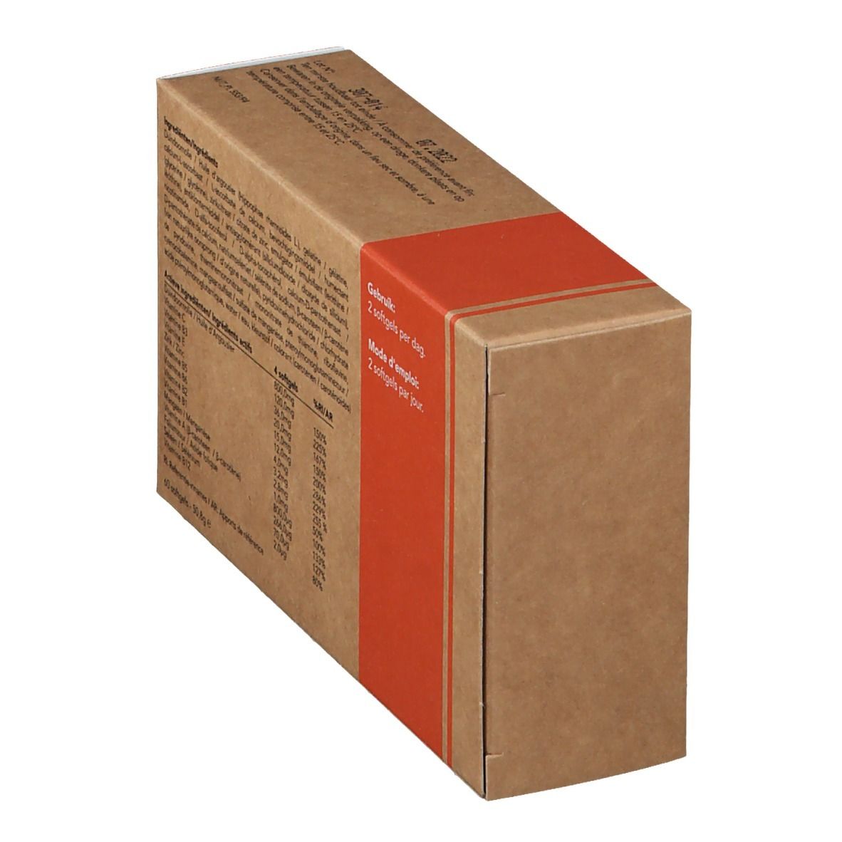 Boîte en carton, vue oblique. Dos avec ingrédients et indication de dosage. Bande rouge avec texte.