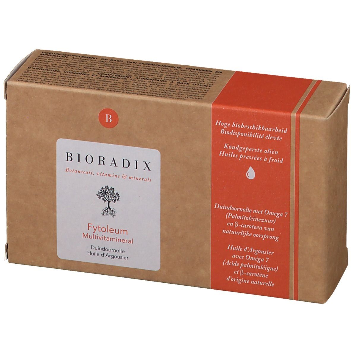 Boîte en carton avec informations produit. Inscription: Bioradix, Fytoleum Multivitamineral, Dundoornolie Huile d'Argousier. Bande rouge.
