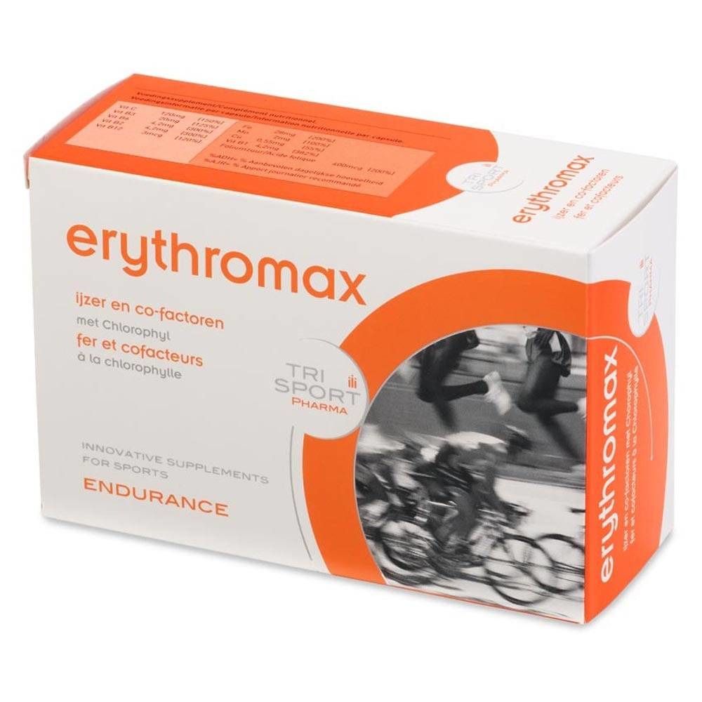 Boîte de erythromax. Carton blanc avec accents orange et nom du produit. Illustration de cyclistes.