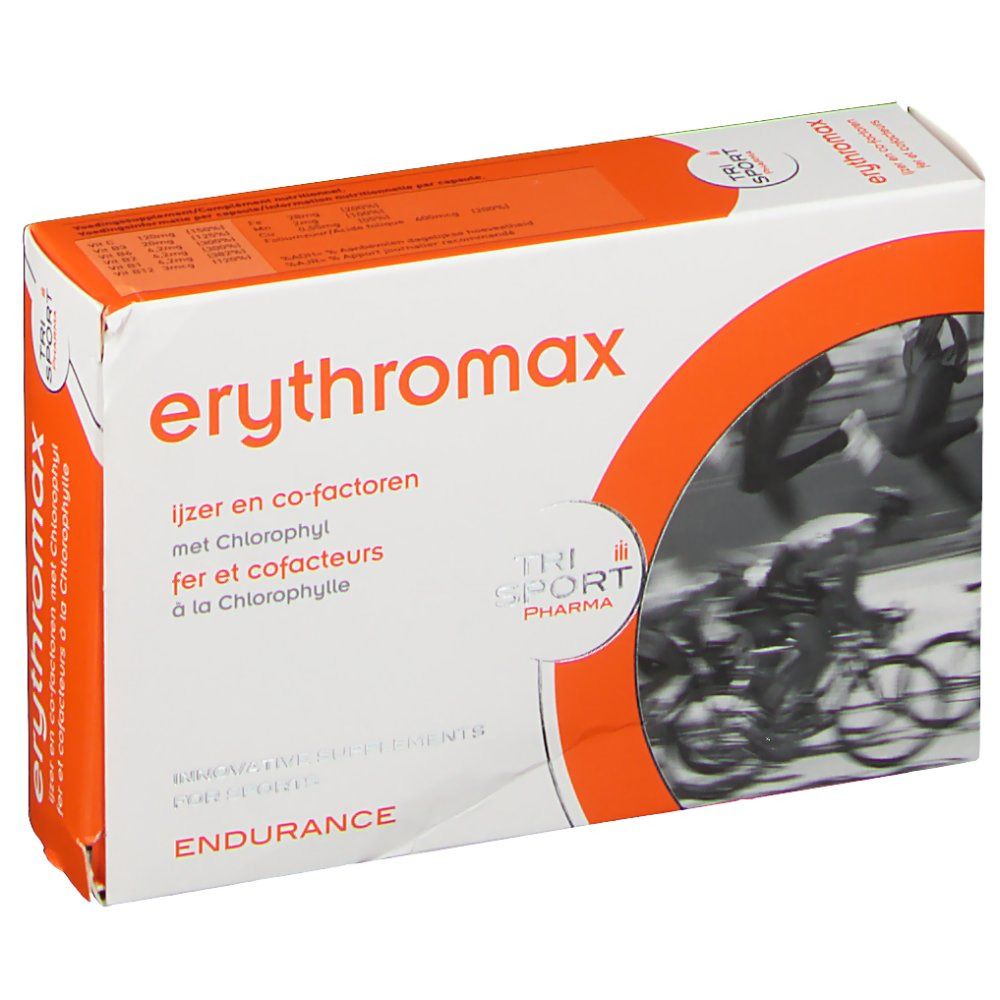 Boîte de erythromax. Carton blanc avec accents orange et nom du produit. Illustration de cyclistes.