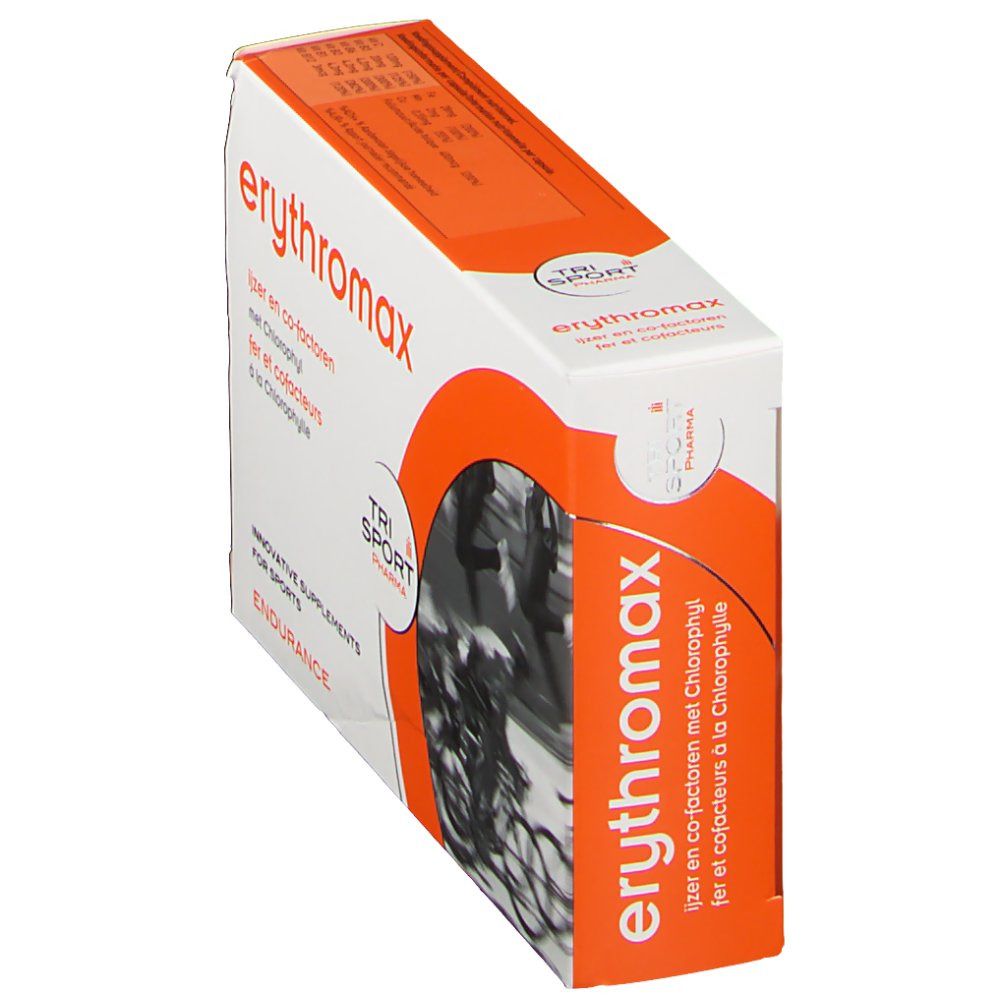 Boîte de erythromax en biais. Carton blanc avec accents orange et nom du produit. Illustration de cyclistes.