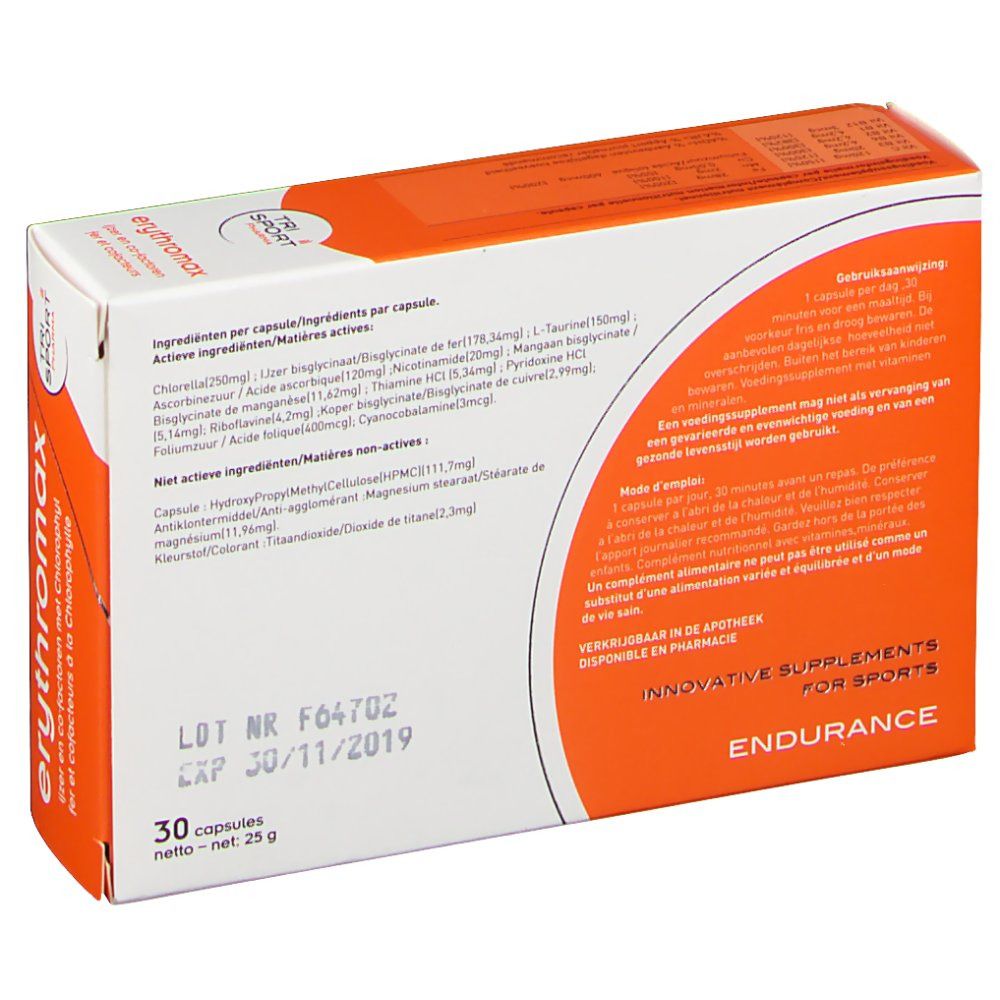 Dos de la boîte erythromax. Contient des informations sur les ingrédients et l'utilisation. Texte multilingue.