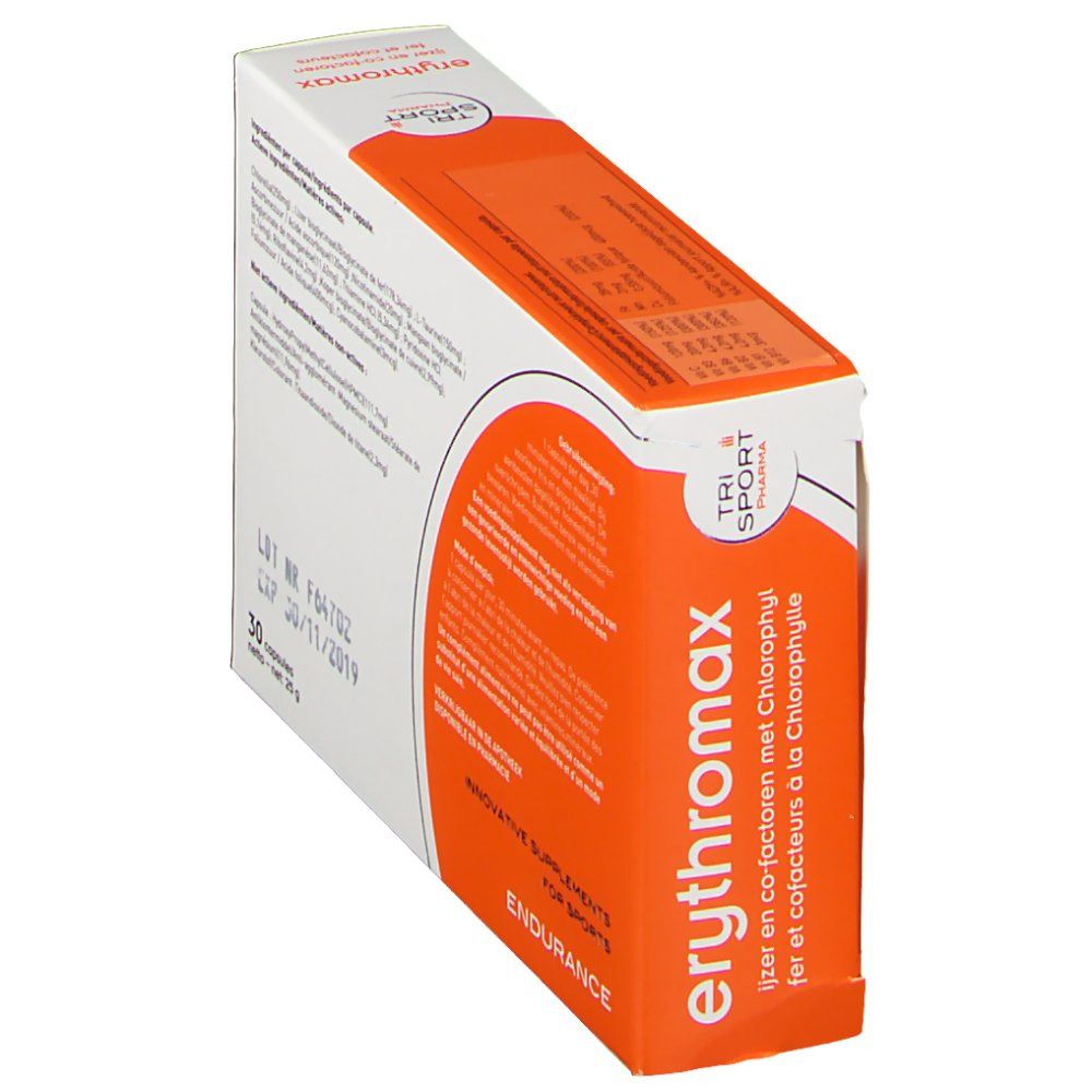 Boîte de erythromax en biais. Dos avec ingrédients et instructions. Texte multilingue.