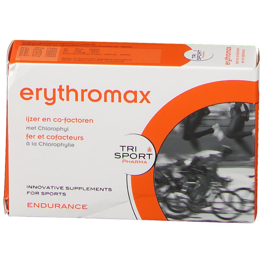 Boîte de erythromax. Carton blanc avec accents orange et nom du produit. Illustration de cyclistes.