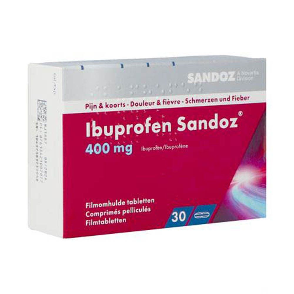 Doos Ibuprofen Sandoz 400 mg. Rode en witte verpakking met naam en dosering. Nederlandse tekst.