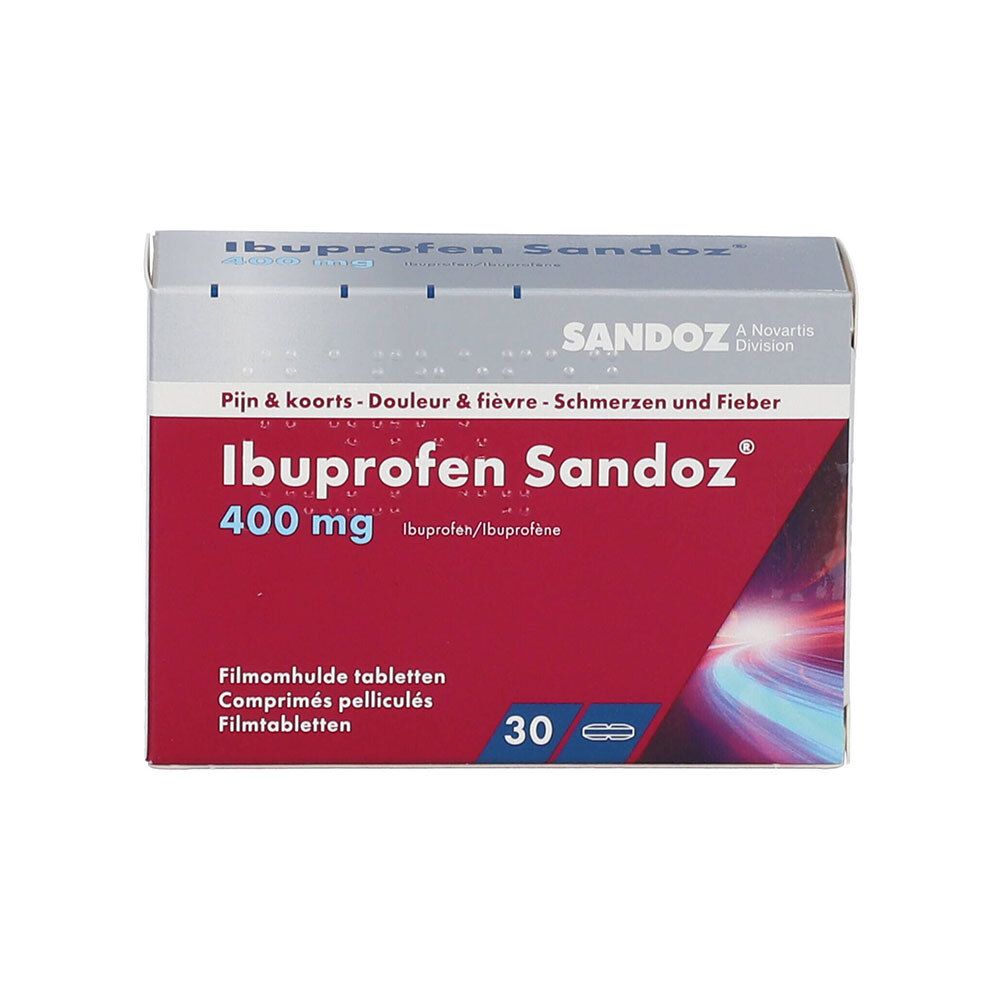 Doos Ibuprofen Sandoz 400 mg. Rode en witte verpakking met productnaam en dosering.