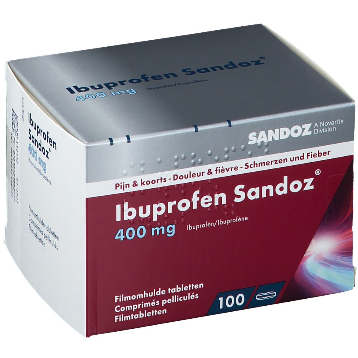 Boîte d'Ibuprofène Sandoz 400 mg. Emballage rouge et blanc. Contient 100 comprimés pelliculés.