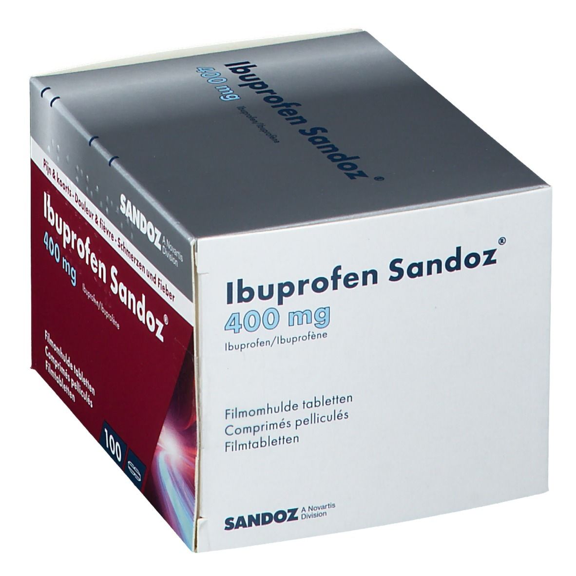 Boîte d'Ibuprofène Sandoz 400 mg. Emballage rouge et blanc. Vue de dessus.