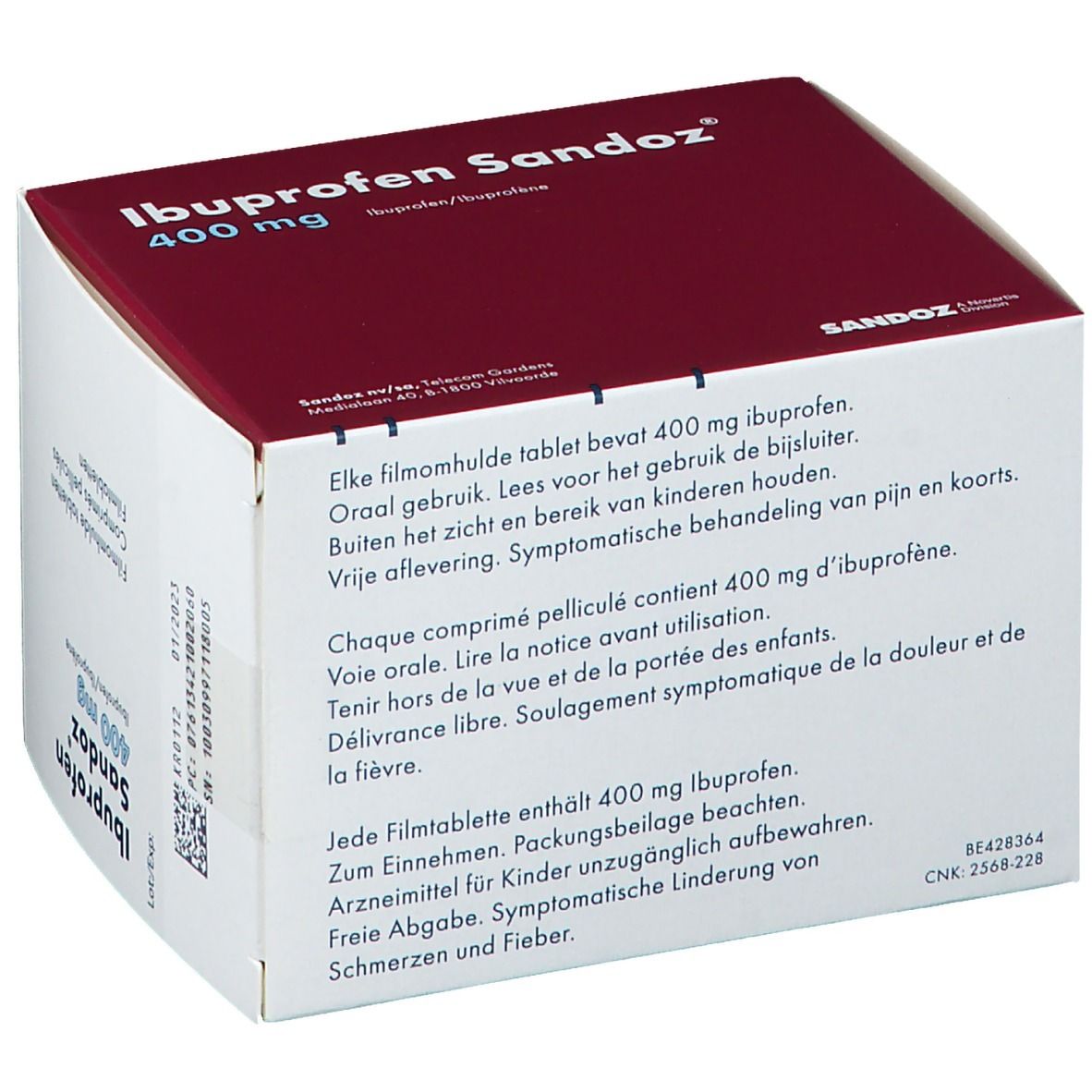 Dos de la boîte d'Ibuprofène Sandoz 400 mg. Texte en plusieurs langues.