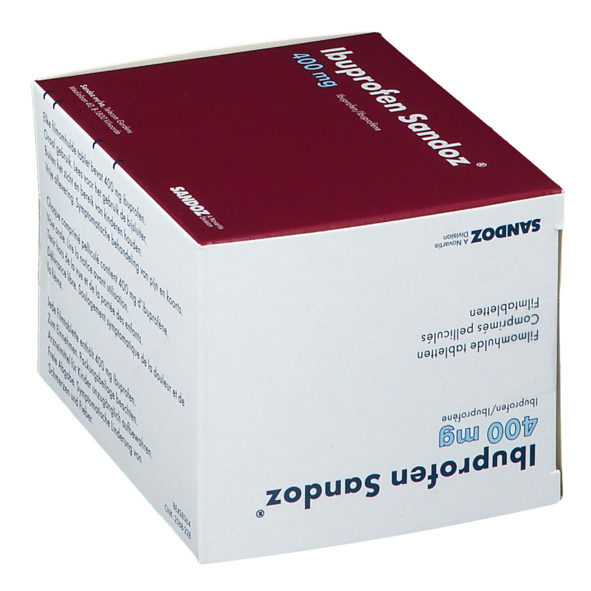 Boîte d'Ibuprofène Sandoz 400 mg. Emballage rouge et blanc. Vue en biais.