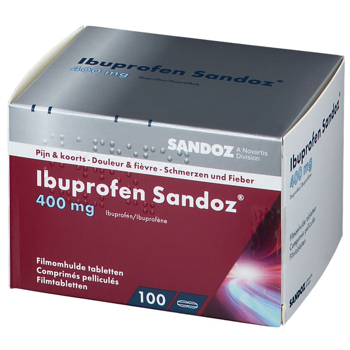 Boîte d'Ibuprofène Sandoz 400 mg. Emballage rouge et blanc. Contient 100 comprimés pelliculés.