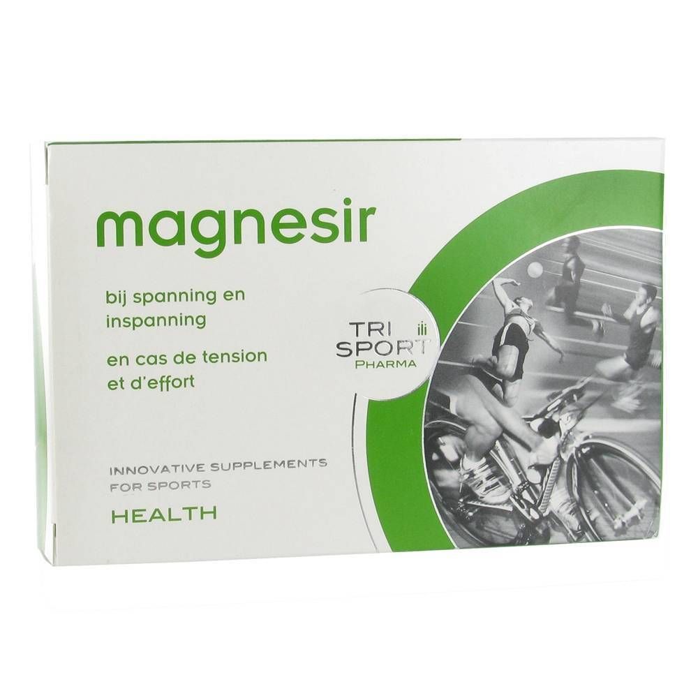 Weiße Schachtel mit grünem Akzent. Aufschrift 'magnesir' und 'TRI SPORT Pharma'. Text in Niederländisch und Französisch. Abbildung von Sportlern.