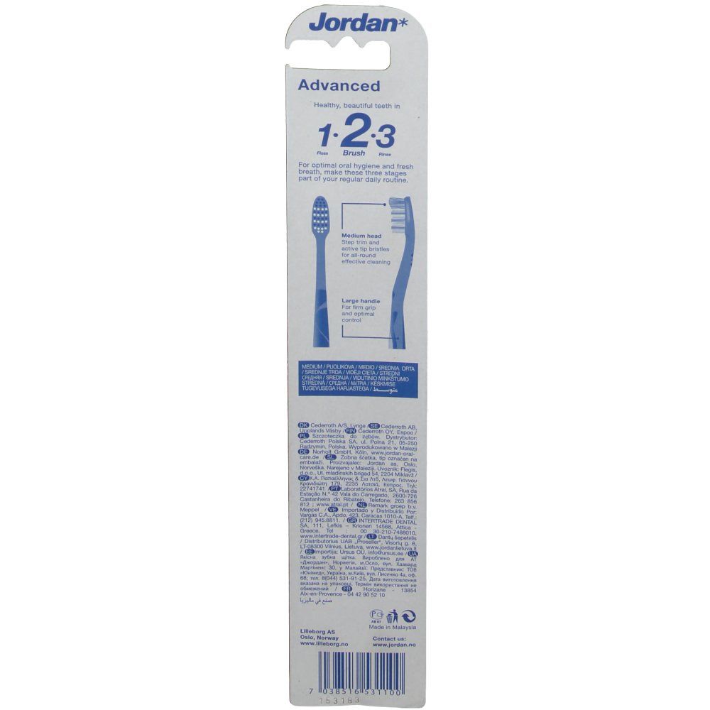 Achterkant van de blisterverpakking. Tekst: Jordan Advanced 1-2-3 Brush. Illustraties en tekst over de kenmerken van de tandenborstel.