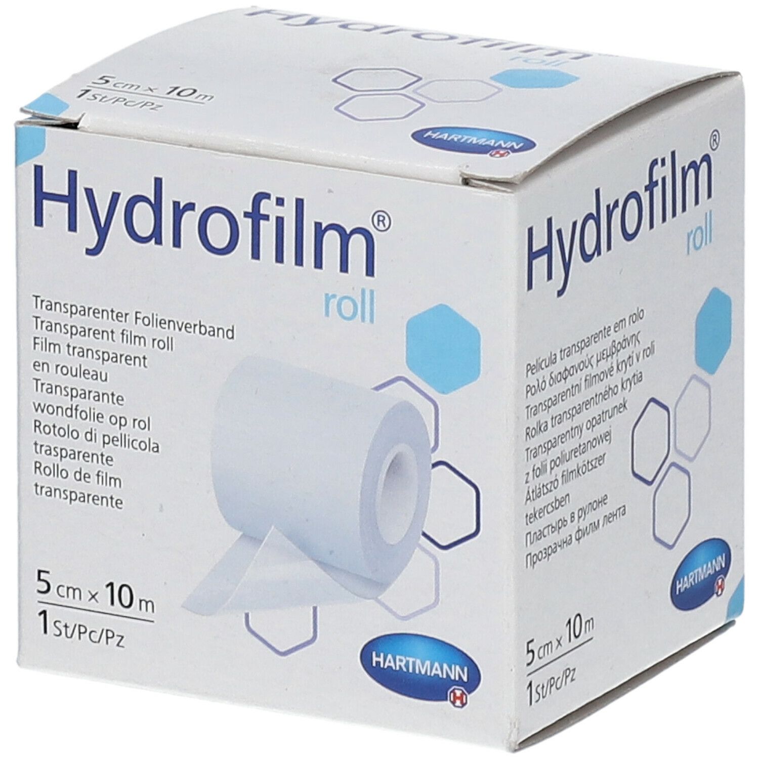 Boîte de Hydrofilm Roll. Contient un rouleau de pansement film transparent. Dimensions : 5 cm x 10 m. Marque : HARTMANN.
