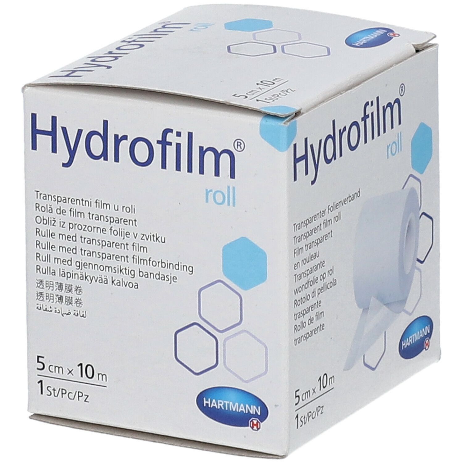 Boîte de Hydrofilm Roll. Contient un rouleau de pansement film transparent. Dimensions : 5 cm x 10 m. Marque : HARTMANN.