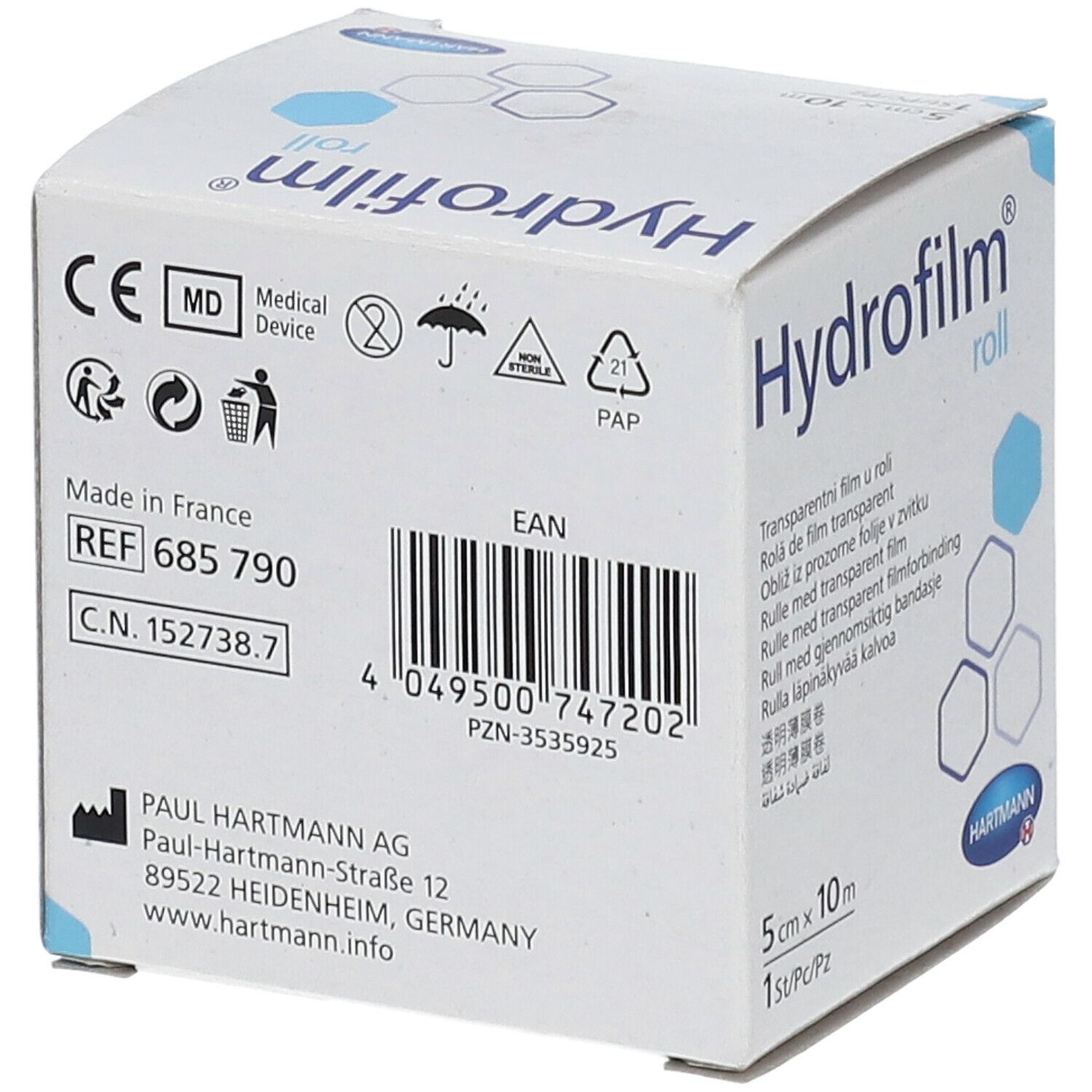 Dos de la boîte Hydrofilm Roll. Contient des informations telles que REF, C.N., code EAN, adresse du fabricant et certifications.