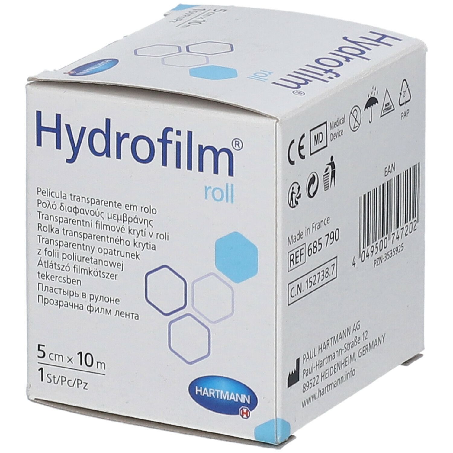 Boîte de Hydrofilm Roll. Contient un rouleau de pansement film transparent. Dimensions : 5 cm x 10 m. Marque : HARTMANN.
