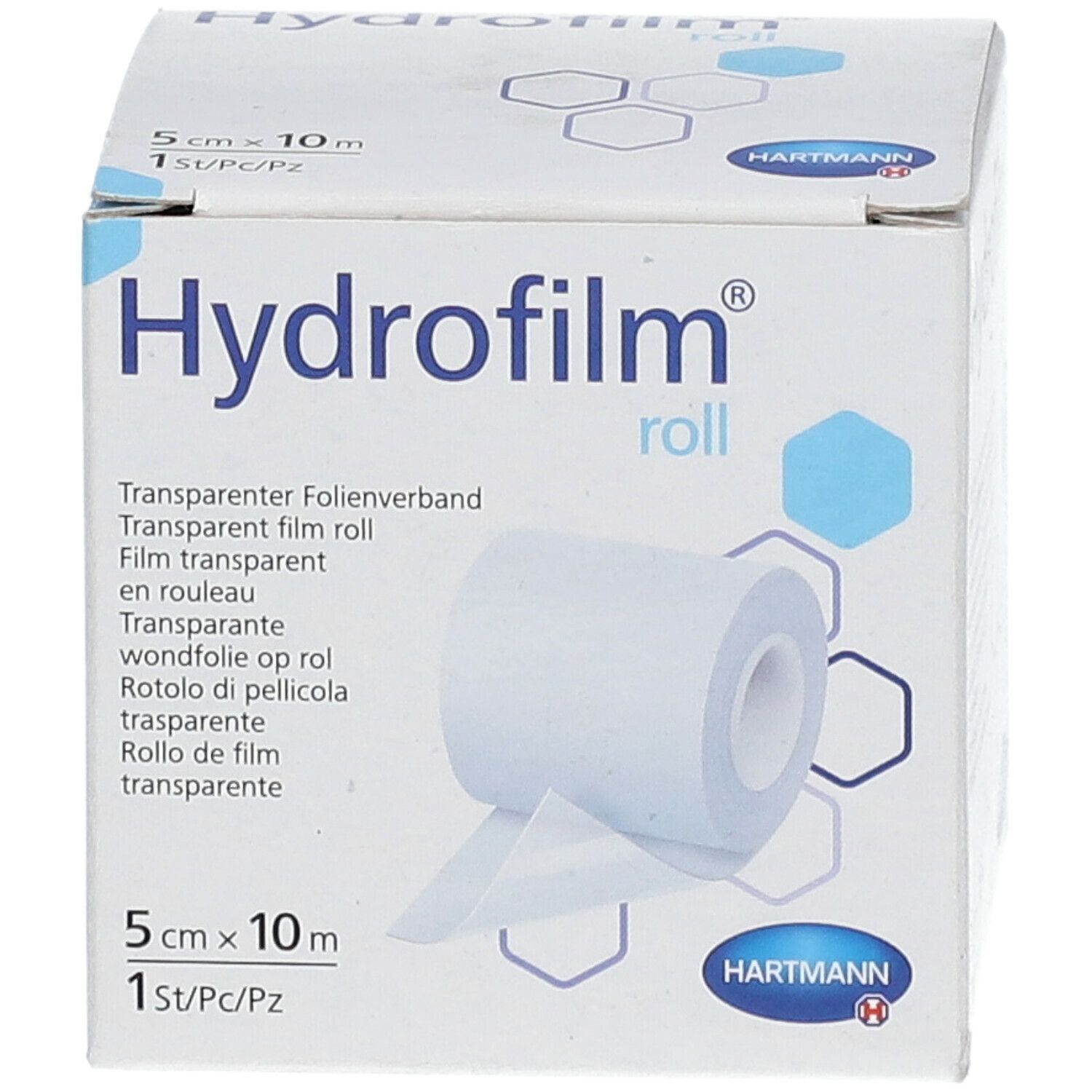 Boîte de Hydrofilm Roll. Contient un rouleau de pansement film transparent. Dimensions : 5 cm x 10 m. Marque : HARTMANN.