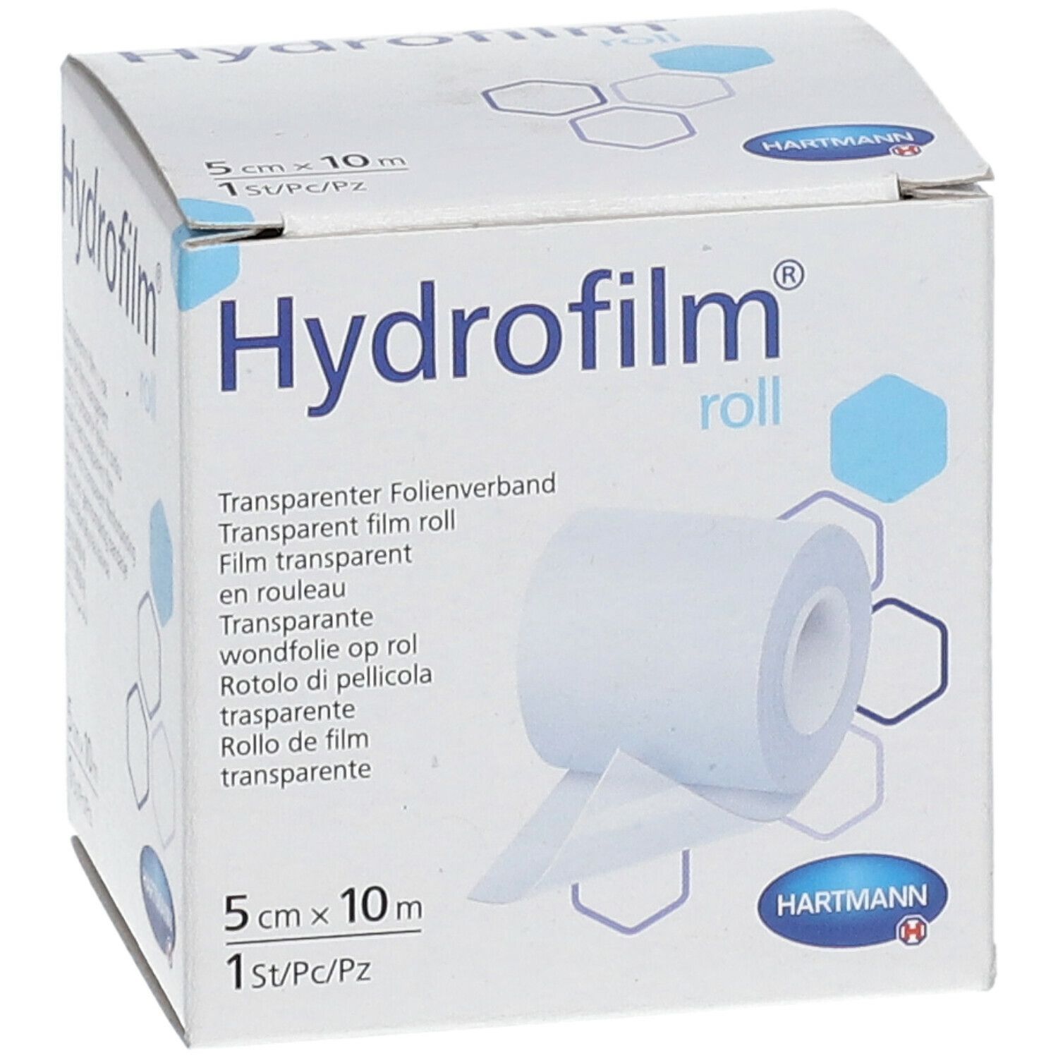 Boîte de Hydrofilm Roll. Contient un rouleau de pansement film transparent. Dimensions : 5 cm x 10 m. Marque : HARTMANN.
