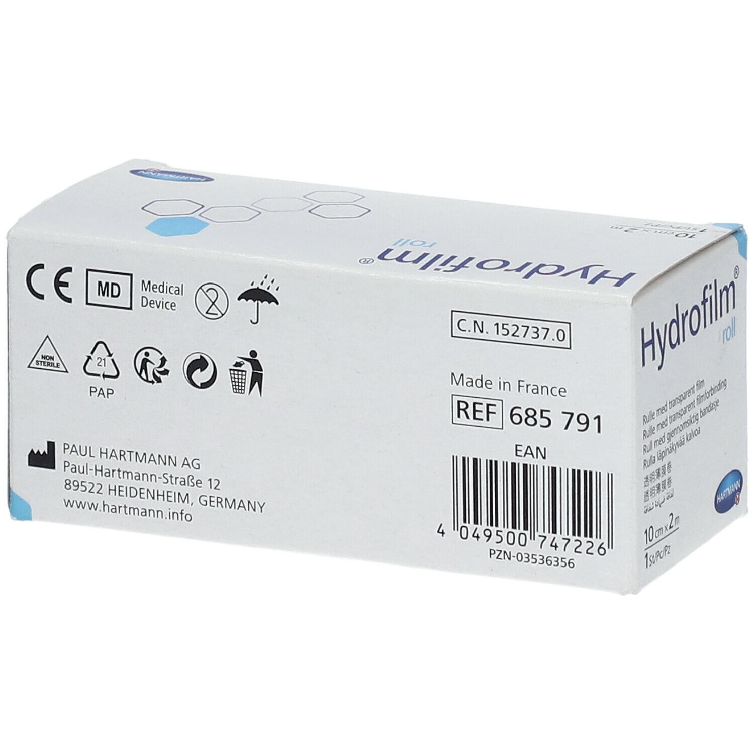 Emballage de Hydrofilm Roll. Informations fabricant, marquage CE et numéro de lot. Fabriqué en France.