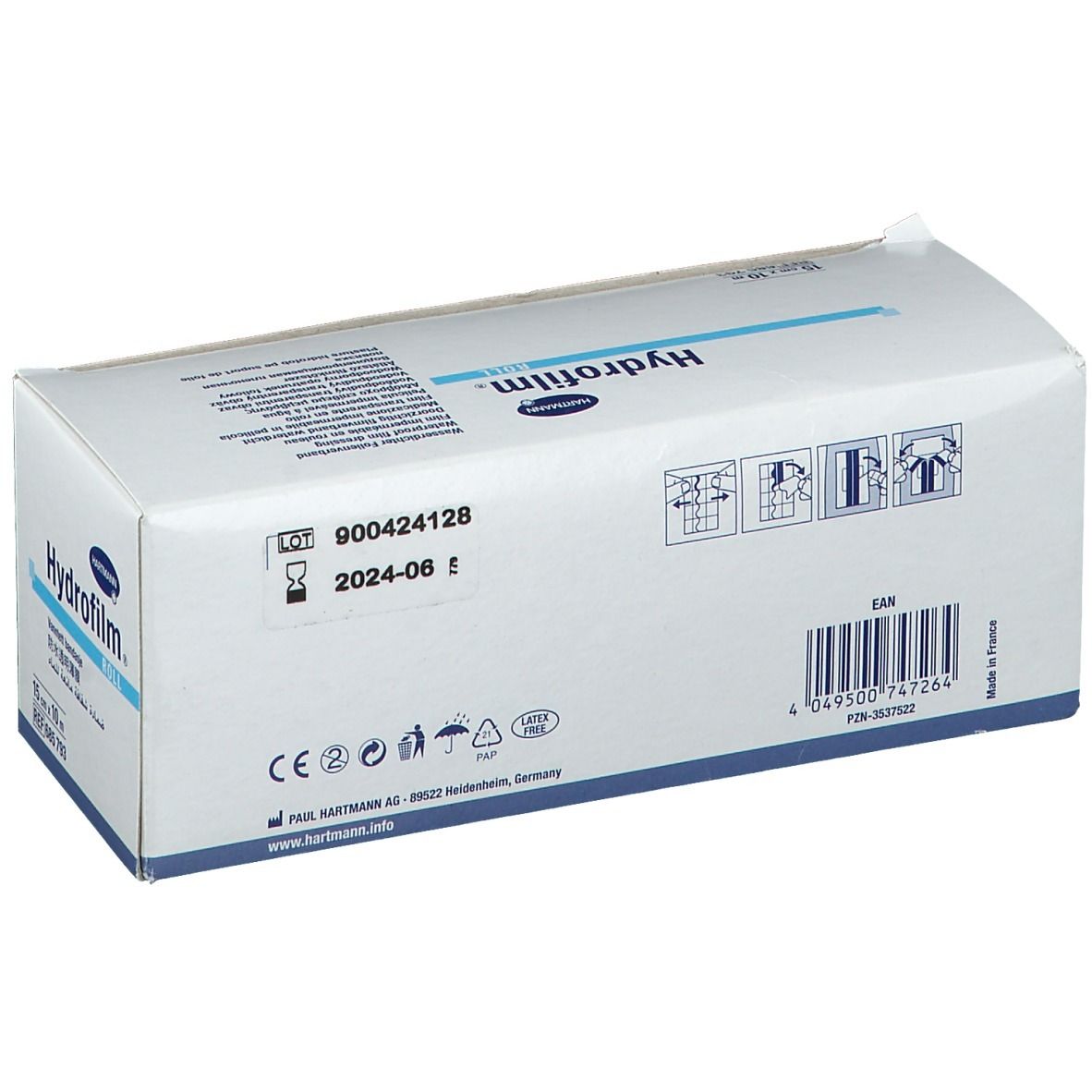 Emballage de rouleau Hydrofilm. 15 cm x 10 m. Numéro de lot, date d'expiration et informations fabricant au dos.