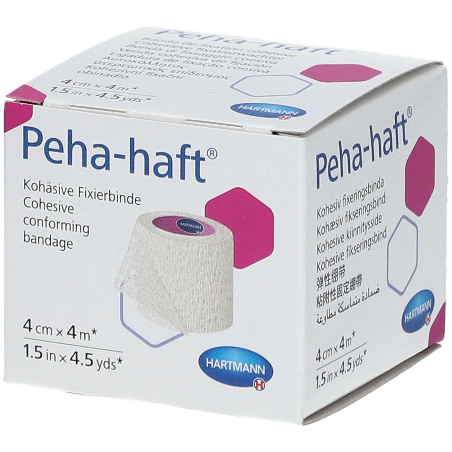 Verpakking van Peha-haft. Zelfklevend fixatieverband. 4cm x 4m. Wit verband afgebeeld. HARTMANN logo.