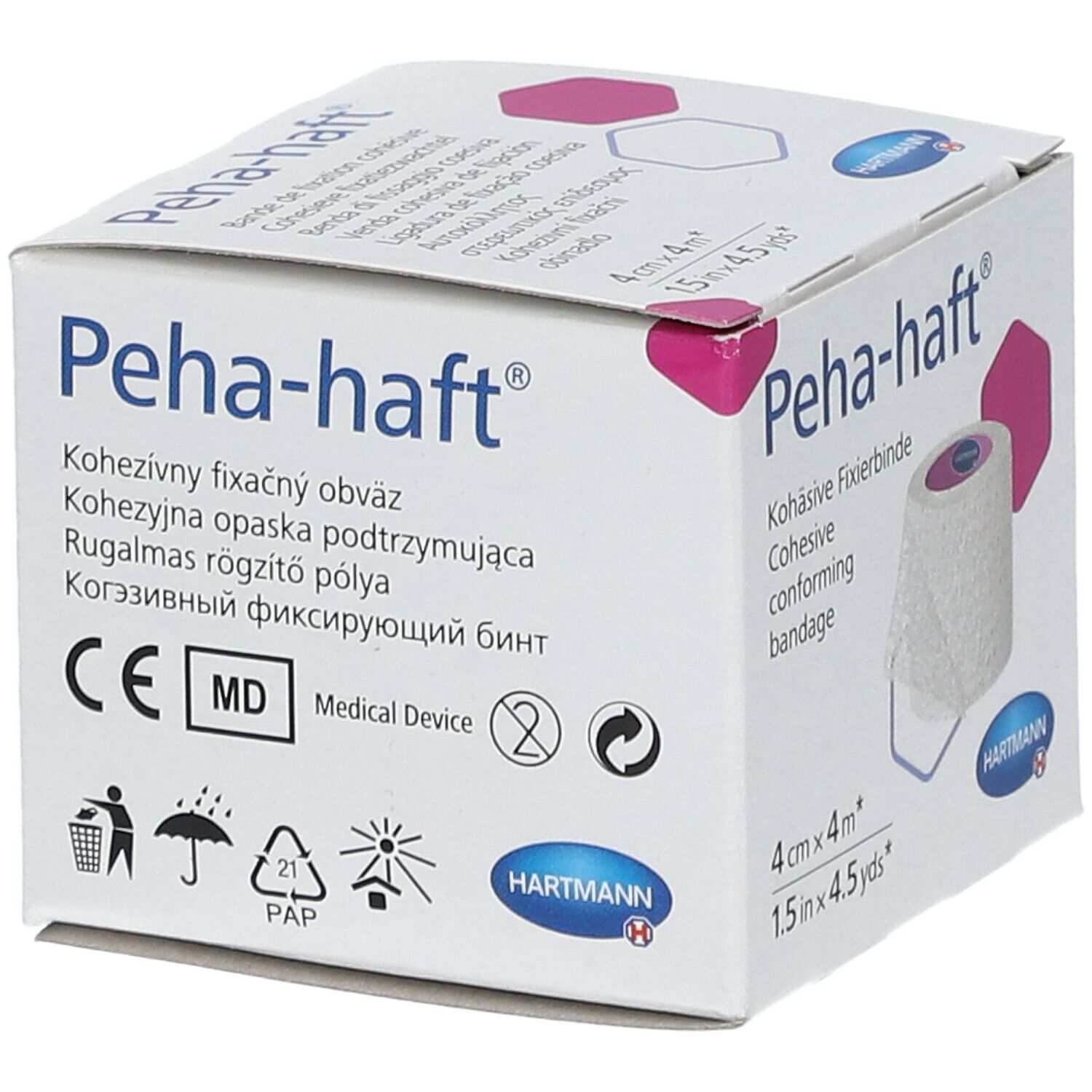 Verpakking van Peha-haft. Zelfklevend fixatieverband. 4cm x 4m. Medisch hulpmiddel. CE-markering. HARTMANN logo.