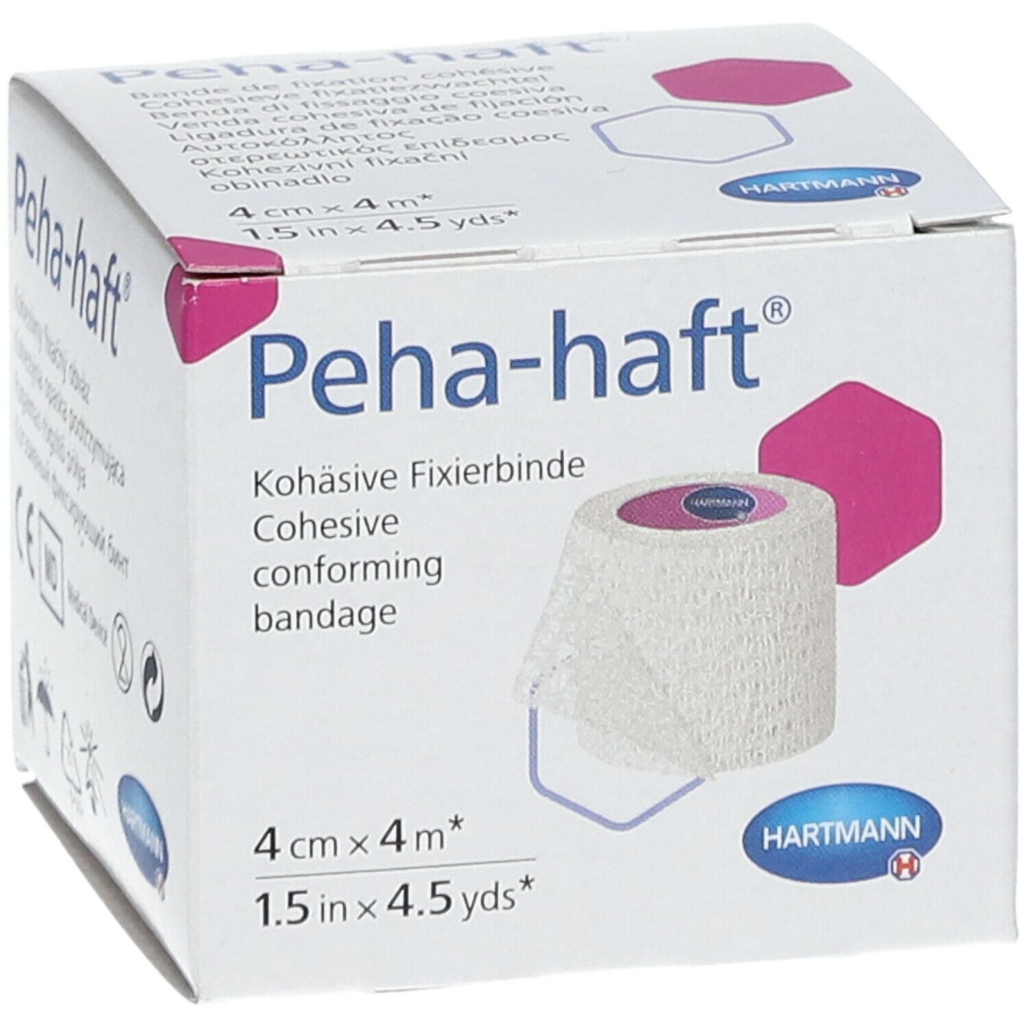 Verpakking van Peha-haft. Zelfklevend fixatieverband. 4cm x 4m. Wit verband afgebeeld. HARTMANN logo.