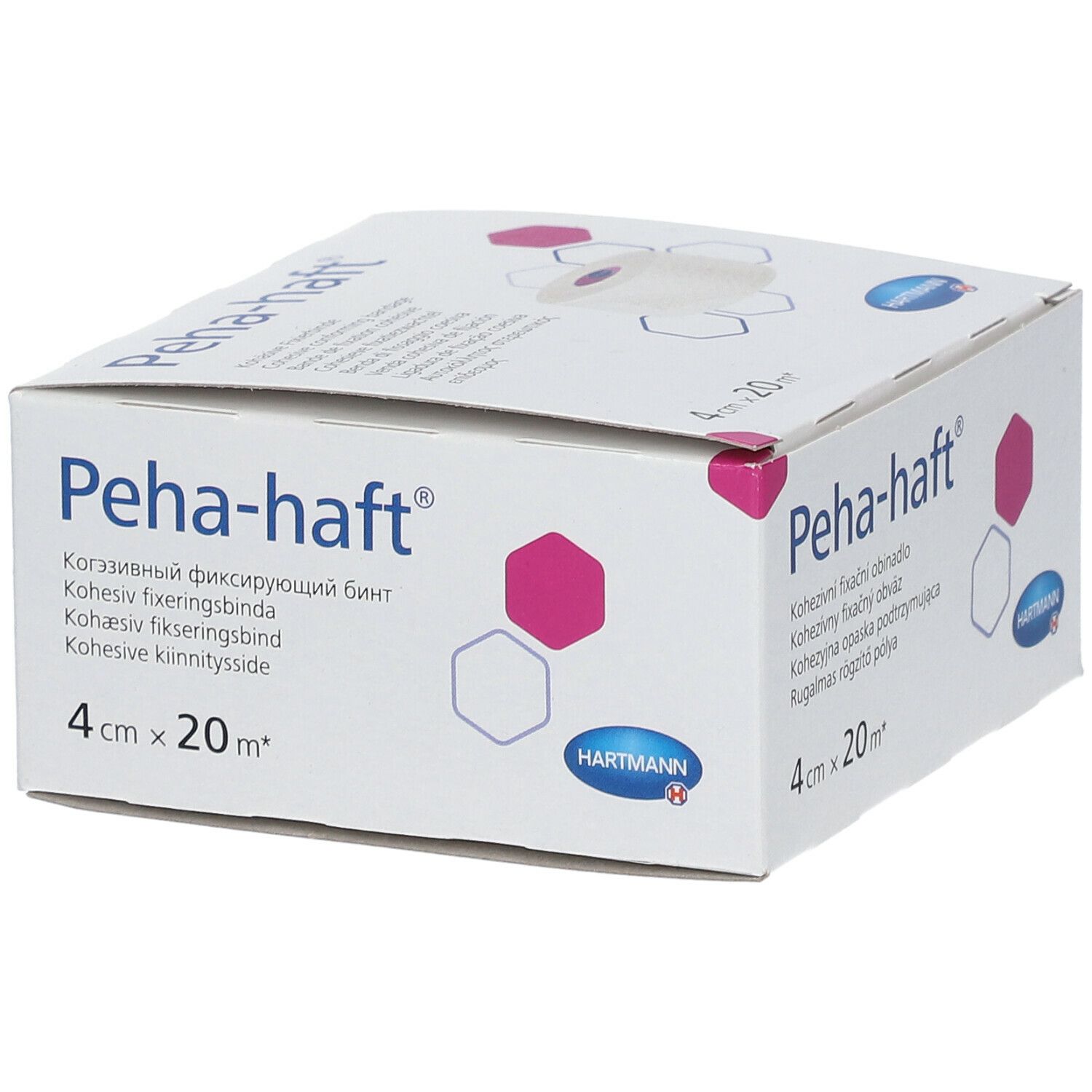 Boîte en carton blanche avec texte "Peha-haft". Dimensions : 4cm x 20m. Marque HARTMANN. Texte multilingue.