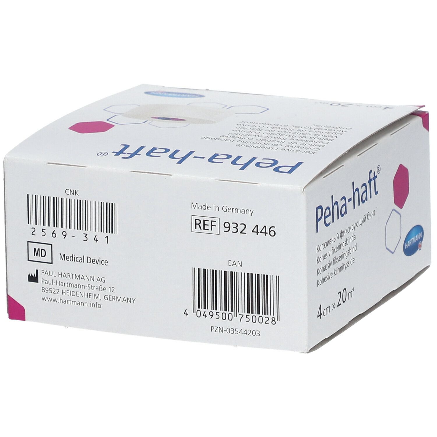 Boîte en carton avec texte "Peha-haft". Code-barres, référence 932 446 et "Made in Germany". Marque HARTMANN.