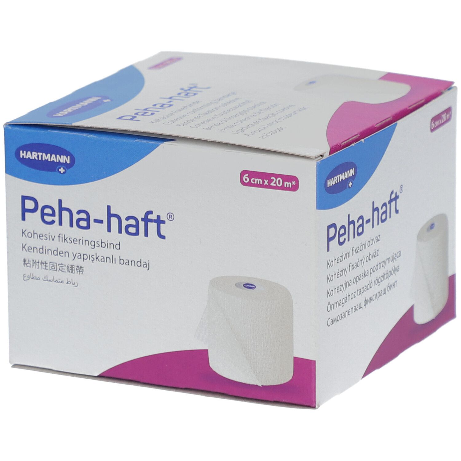 Emballage en carton avec bandage blanc. Inscription: Peha-haft, 6 cm x 20 m. Marque: HARTMANN. Descriptions multilingues.