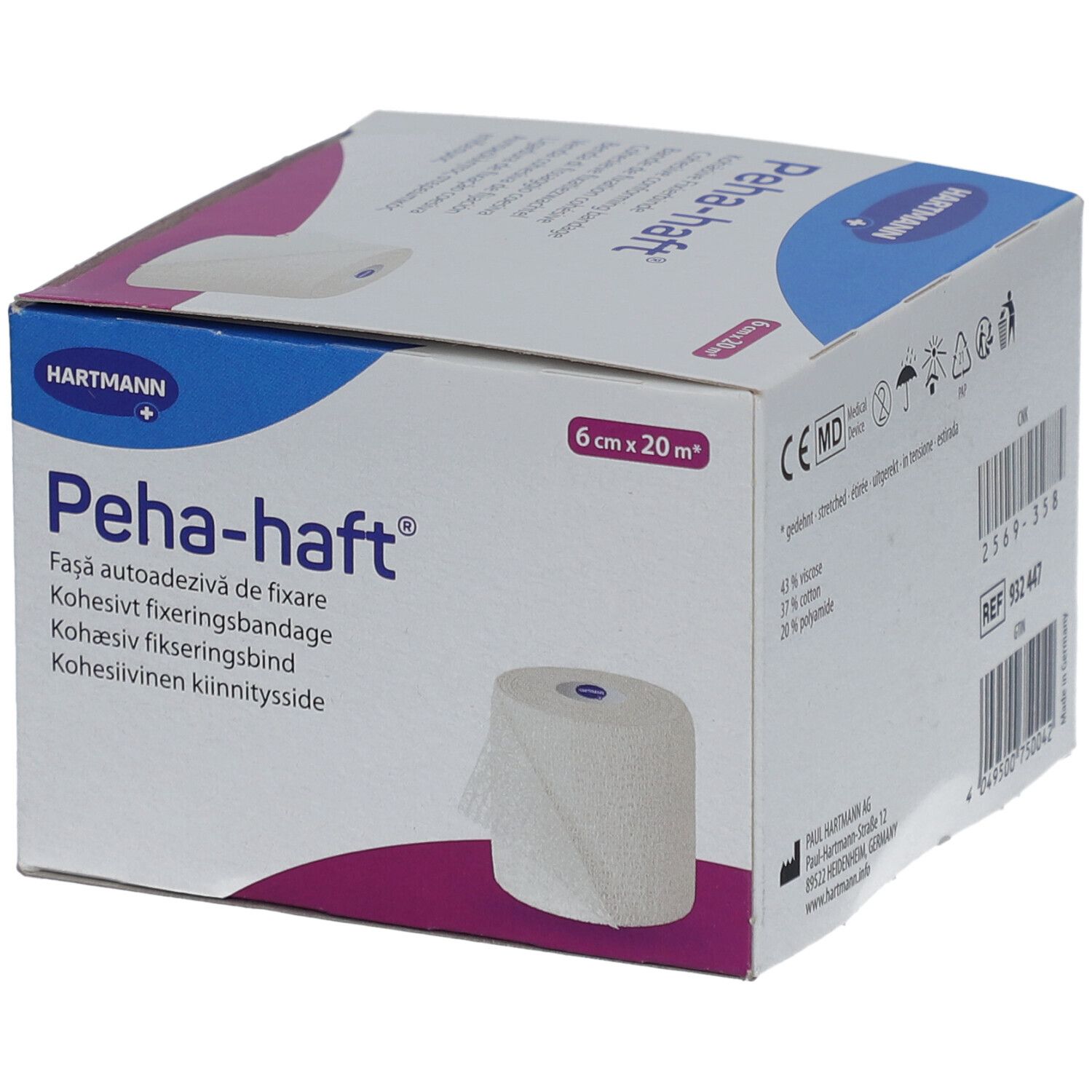 Emballage en carton avec bandage blanc. Inscription: Peha-haft, 6 cm x 20 m. Marquage CE. Descriptions multilingues.