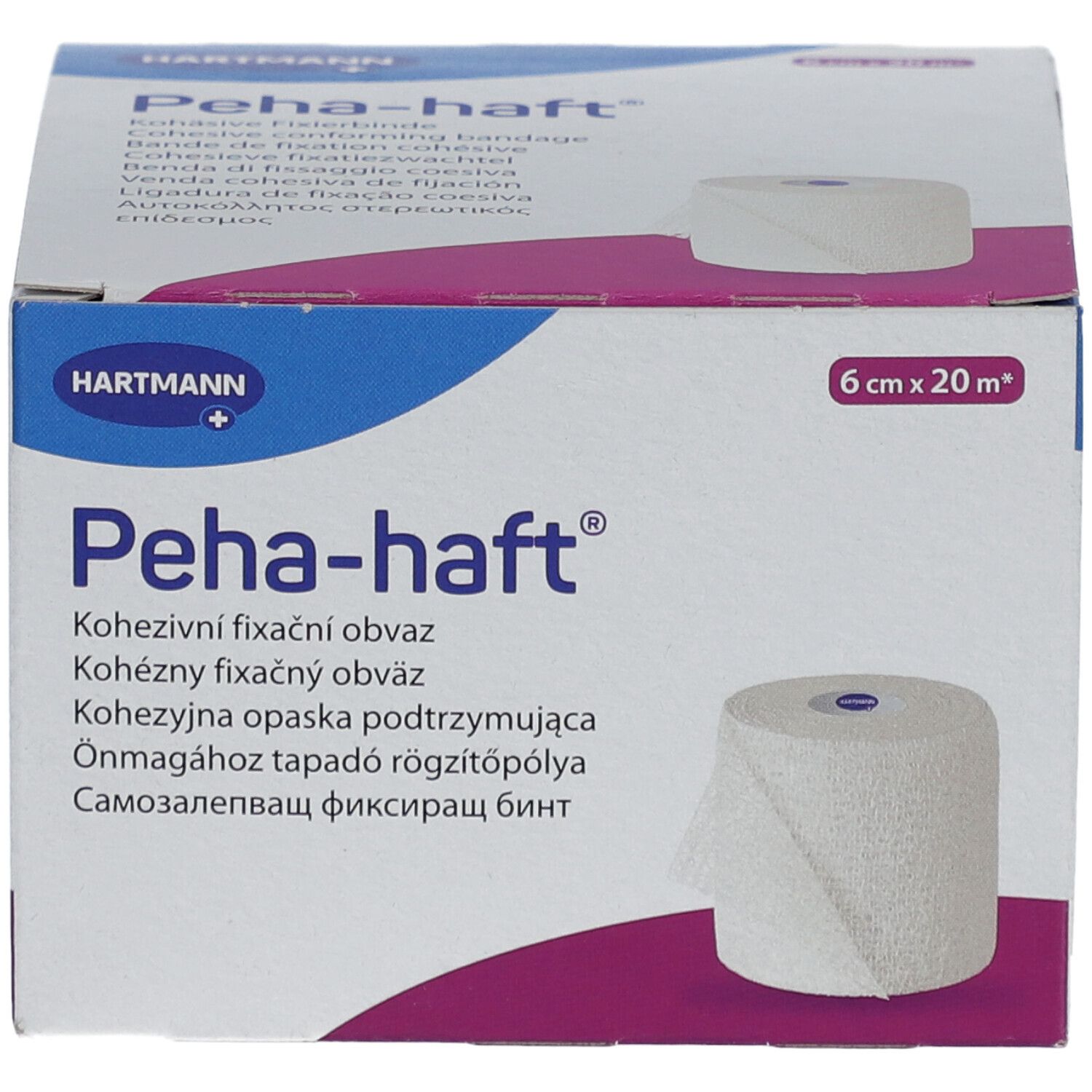 Emballage en carton avec bandage blanc. Inscription: Peha-haft, 6 cm x 20 m. Marque: HARTMANN. Descriptions multilingues.