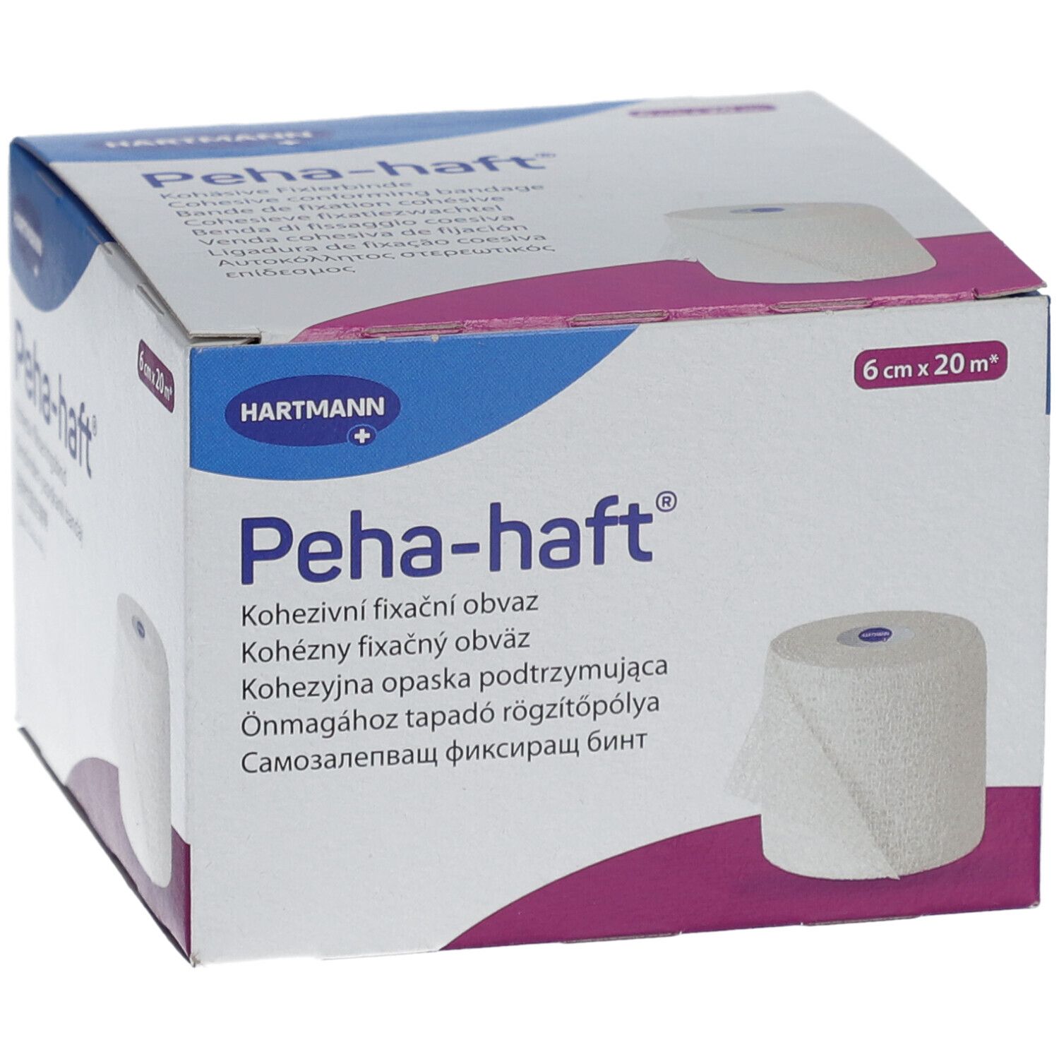 Emballage en carton avec bandage blanc. Inscription: Peha-haft, 6 cm x 20 m. Marque: HARTMANN. Descriptions multilingues.